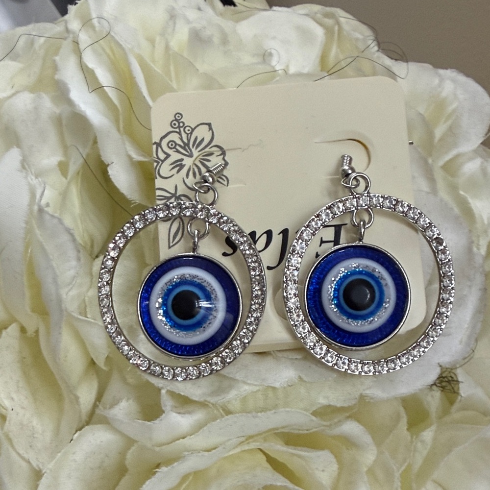 Blue Evil Eye Drop Earrings with Crystal Hoop